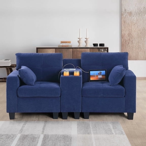 Alexent Sectional Sofa, 2 Seater Modular Sofa with USB Charging Corner Table , for Living Room, Office, Apartment, Blue