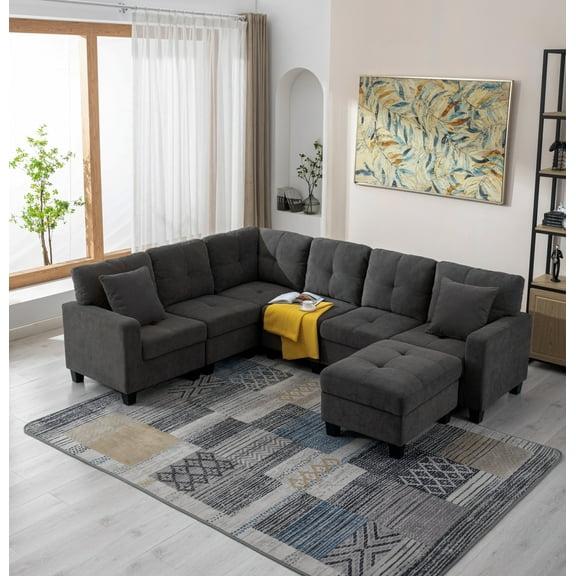 Alexent Sectional Sofa, 6 Seater Modular Sofa with Removable Ottoman, for Living Room, Office, Apartment, Dark Gray