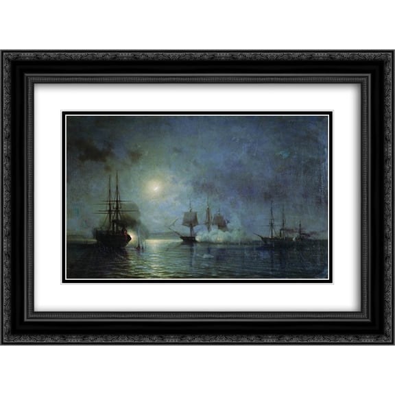 Alexey Bogolyubov 2x Matted 24x18 Black Ornate Framed Art Print 'Turkish steamships attack 44 gun fregate Flora'