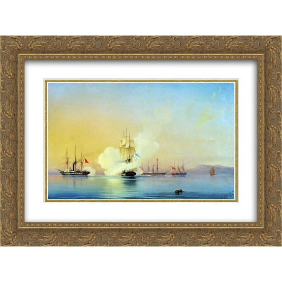 Alexey Bogolyubov 2x Matted 24x20 Gold Ornate Framed Art Print 'The battle of fregate Flora against Turkish steamships near Pitsunda November, 11 1853'