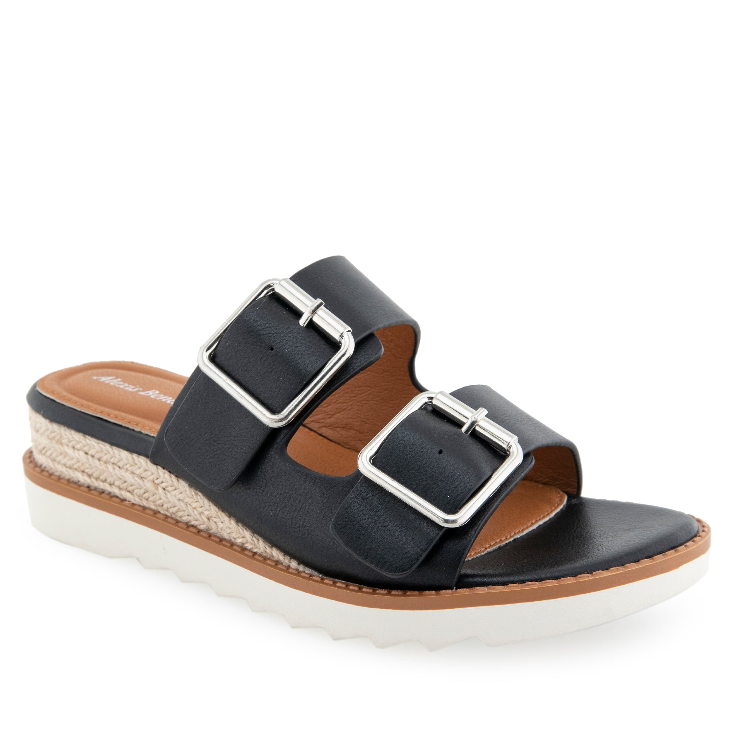 Alexis Bendel Ladies Black Vachetta Leather Wedge Sandals Size 6