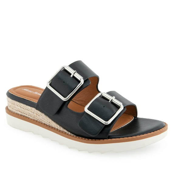 Alexis Bendel Ladies Black Vachetta Leather Wedge Sandals Size 9