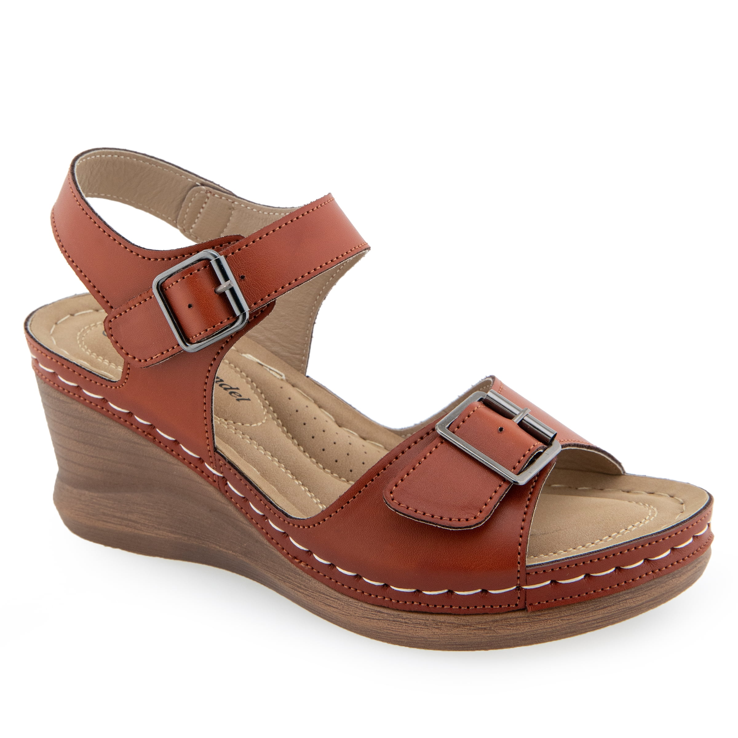 Alexis Bendel Ladies Cognac PU Wedge Sandals Size 7.5