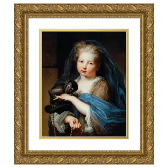 Alexis Simon Belle 12x14 Gold Ornate Wood Frame and Double Matted Museum Art Print Titled - Portrait of a Young Girl, Holding a Monkey