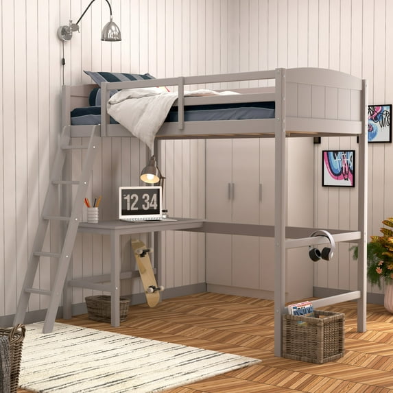 Alexis Wood Arch Twin Loft Bed with Desk, Gray, by Hillsdale Living Essentials