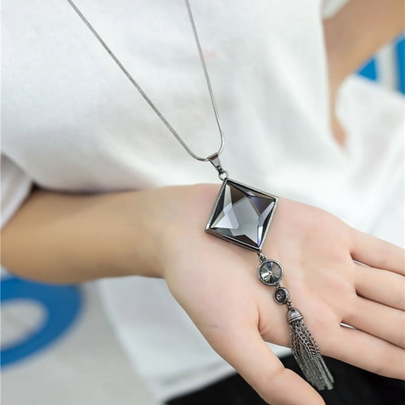 Alextreme Fashion Women Pendant Necklace Square Big Drop Crystal Long Chain Sweater Tassel Necklaces Jewelry Black