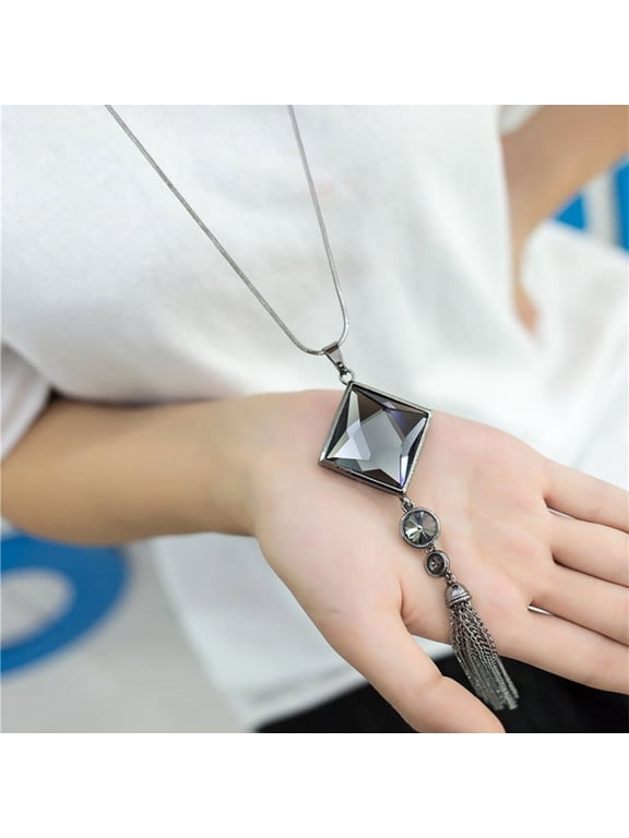 Fashion Women Pendant Necklace Square Big Drop Crystal Long Chain Sweater Tassel Necklaces Jewelry Black