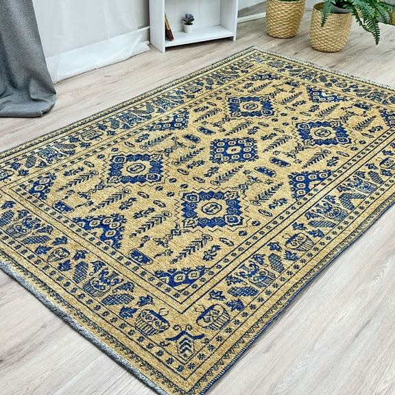 Alfa Rich 3x5 Afghan Style Gold Royal Navy Blue Washable Woven Cotton Runner Rugs