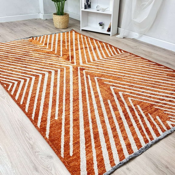 Alfa Rich 3x5 Geometric Pattern Burnt Orange Cream Washable Woven Cotton Runner Rugs
