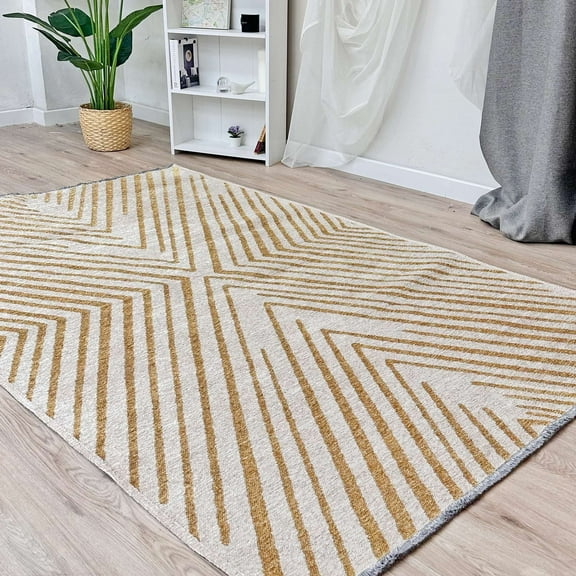Alfa Rich 3x5 Geometric Pattern Gold Cream Washable Woven Cotton Runner Rugs