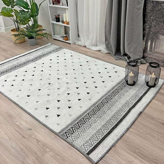 Alfa Rich 3x5 Geometric Pattern Gray Cream Washable Woven Cotton Runner Rugs