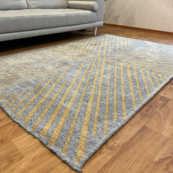 Alfa Rich 3x5 Geometric Pattern Gray Gold Washable Woven Cotton Runner Rugs