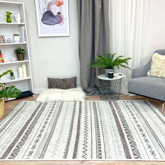 Alfa Rich 3x5 Gray Cream Area Rugs for Living Room Bedroom Cotton Washable Pet Friendly Runner