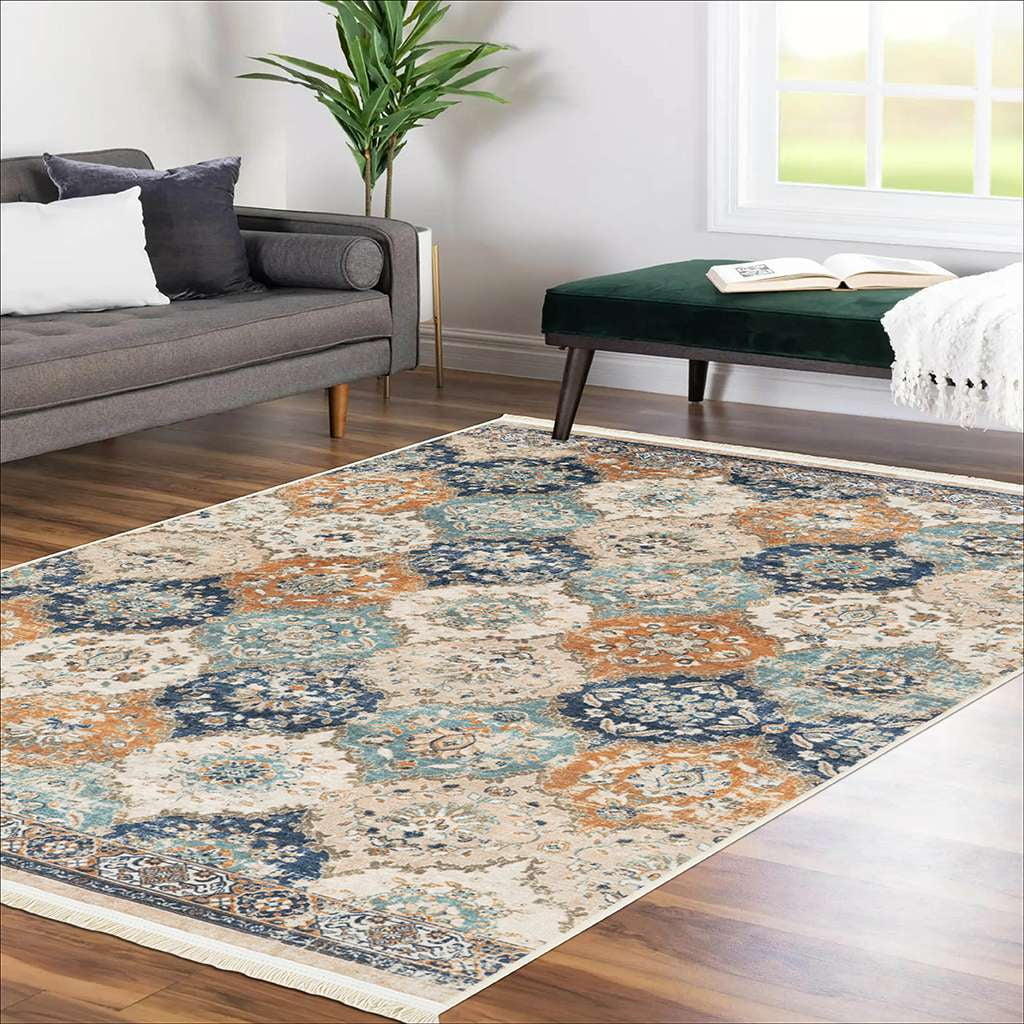Alfa Rich 4x6 Area Rugs, Ultra-Thin Boho Blue Teal Beige Cream Rug, Non-Slip Machine Washable, Easy Clean, Pet Friendly Rugs