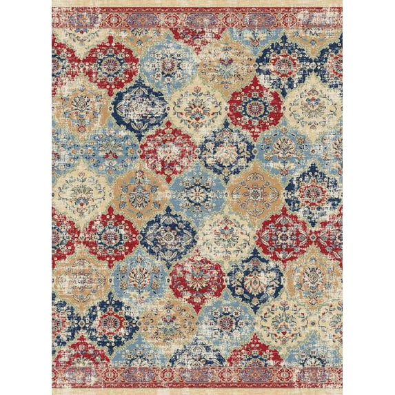 Alfa Rich 4x6 Area Rugs, Ultra-Thin Boho Red Blue Beige Cream Rug, Non-Slip Machine Washable, Easy Clean, Pet Friendly Rugs