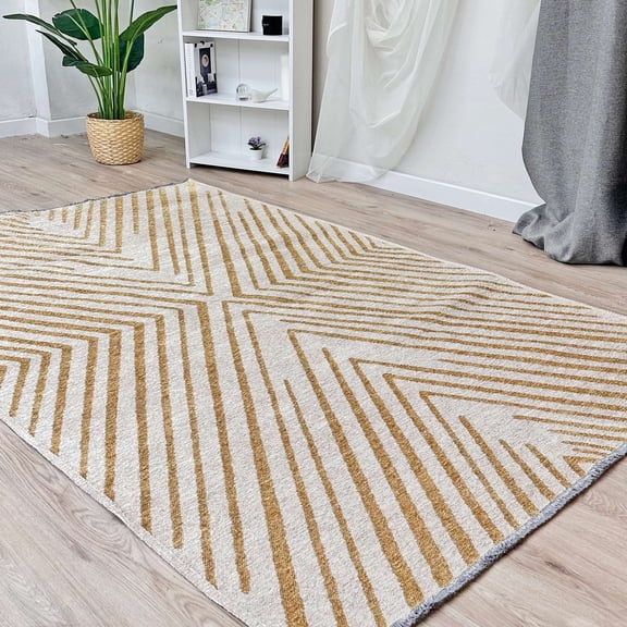 Alfa Rich 4x6 Geometric Pattern Gold Cream Washable Woven Cotton Area Rugs