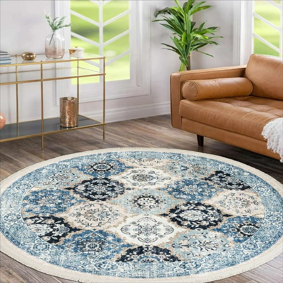 Alfa Rich 5x5 Area Rugs, Ultra-Thin Boho Blue Cream Rug, Non-Slip Machine Washable, Easy Clean, Pet Friendly 5' Round Rug