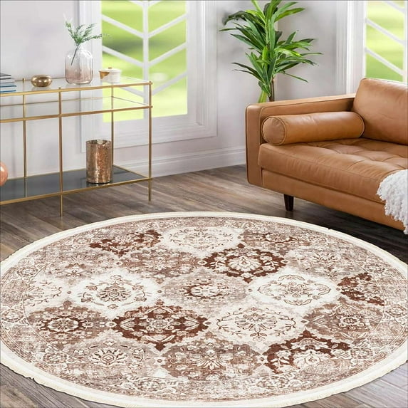 Alfa Rich 5x5 Area Rugs, Ultra-Thin Boho Brown Cream Rug Rug, Non-Slip Machine Washable, Easy Clean, Pet Friendly 5' Round Rug