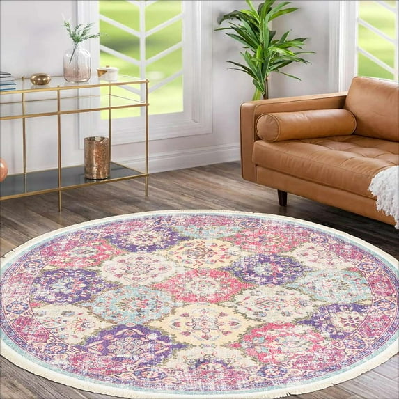 Alfa Rich 5x5 Area Rugs, Ultra-Thin Boho Pink Purple Cream Rug, Non-Slip Machine Washable, Easy Clean, Pet Friendly 5' Round Rug