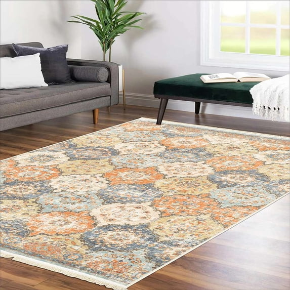 Alfa Rich 5x7 Area Rugs, Ultra-Thin Boho Orange Blue Beige Cream Rug, Non-Slip Machine Washable, Easy Clean, Pet Friendly Rugs