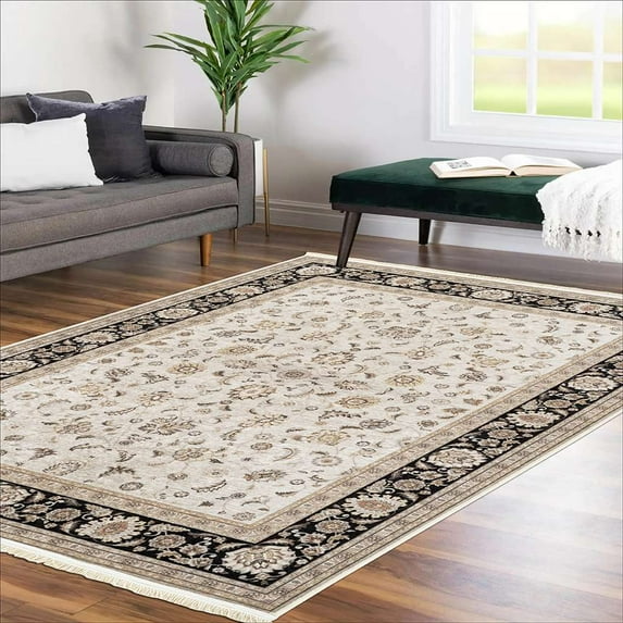 Alfa Rich 5x7 Area Rugs, Ultra-Thin, Oriental, Black and Cream Rug, Non-Slip, Machine Washable, Easy Clean, Pet Friendly Rug