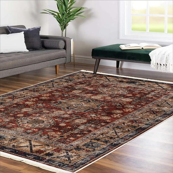 Alfa Rich 5x7 Area Rugs, Ultra-Thin Oriental Dark Red Rug, Non-Slip Machine Washable, Easy Clean, Pet Friendly Rugs