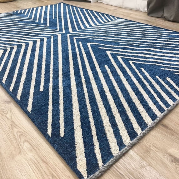 Alfa Rich 5x8 Geometric Pattern Royal Navy Blue Cream Washable Woven Cotton Area Rugs