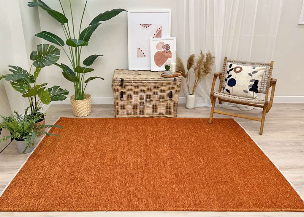 Burnt Orange High Pile Cotton Rectangular Washable Rug