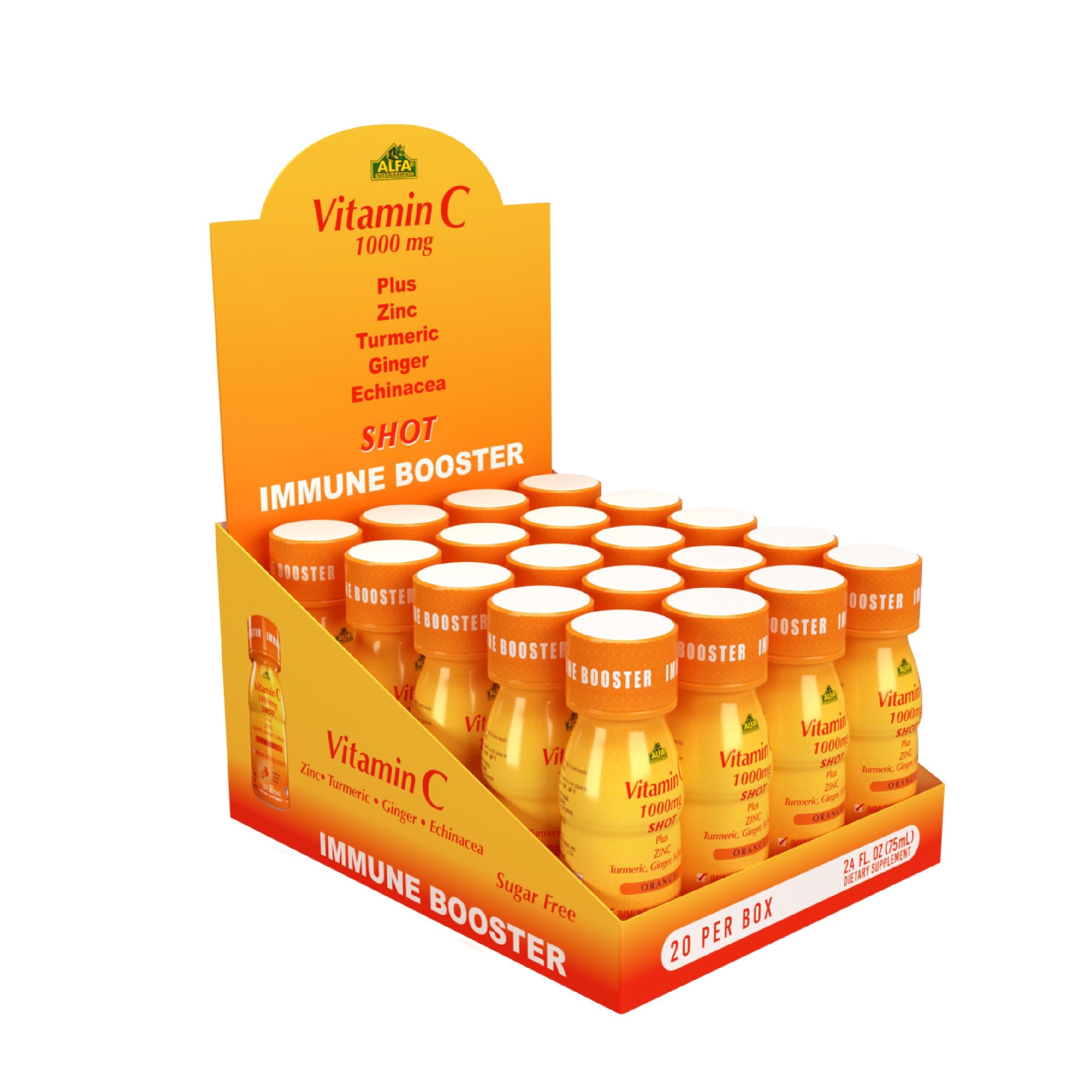 Alfa Vitamins Vitamin C 1,000mg Shot - Plus Zinc, Ginger, & Echinacea - Immune system Booster - Orange Flavor - 2.4 FL oz individual bottles - 20 Pack