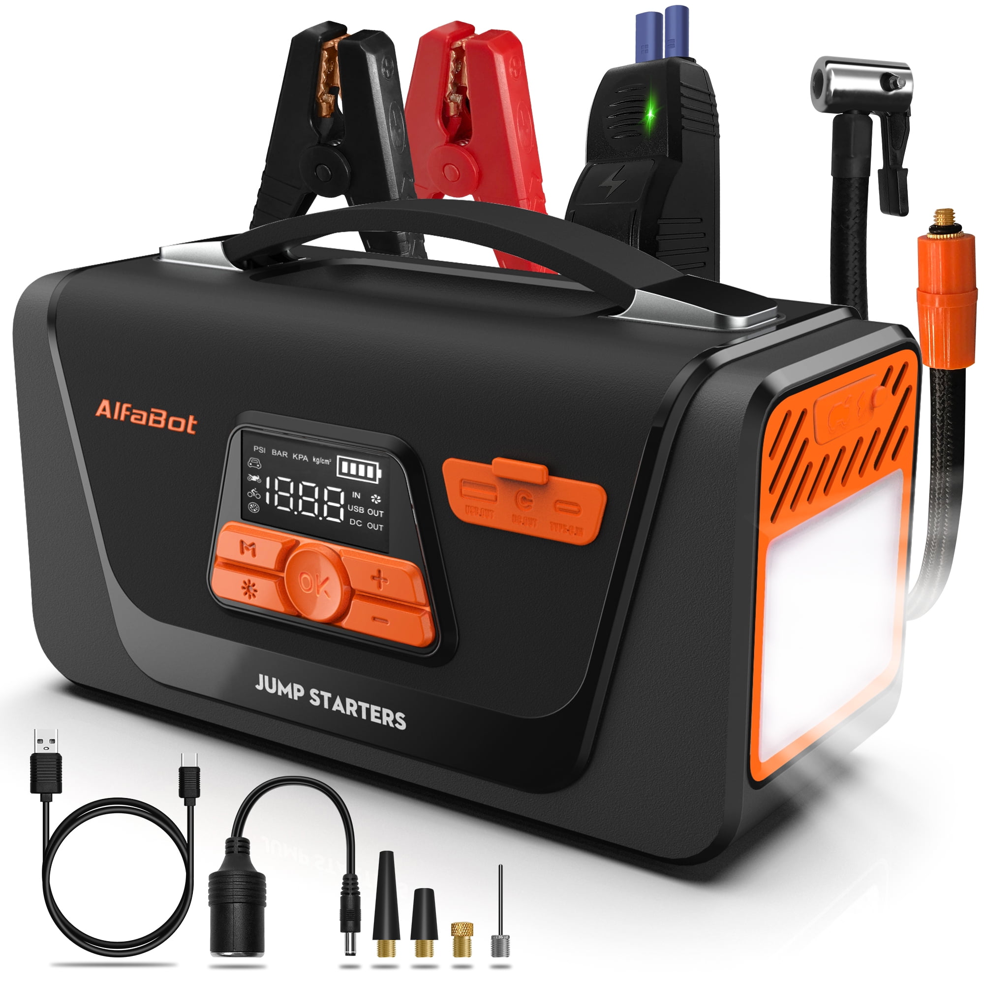 AlfaBot 4 in 1 Jump Starter with Air Compressor, 4000A Peak Car Battery Jump Starter (for All Gas or up to 8.0L Diesel) with 150PSI Digital Tire Inflator, 12V Portable Battery Jump Box