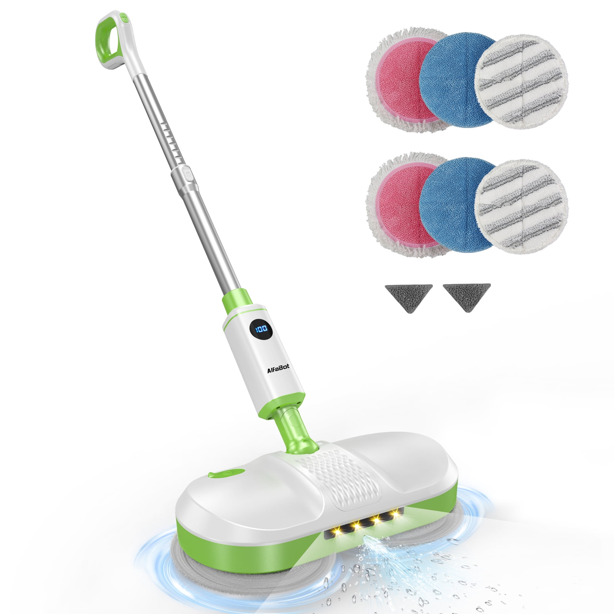 AlfaBot Cordless Electric Mop for Floor Cleaning, Dual Spin Mop with LED Headlight /Water Spray/Self-Propelled,Clean up to 2700 ft,Rechargeable Scrubber Mops with Big Water Tank for Multi Floors