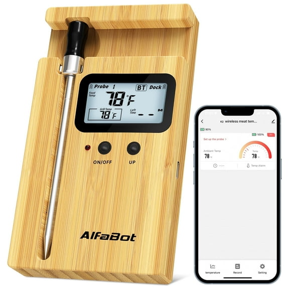 AlfaBot Wireless Meat Thermometer, Standalone Base with Display & Control, Alarm, Long Bluetooth Range, High-Temp-Resist Food Thermometer for Grilling and Smoking, Cooking, Oven, Rotisserie