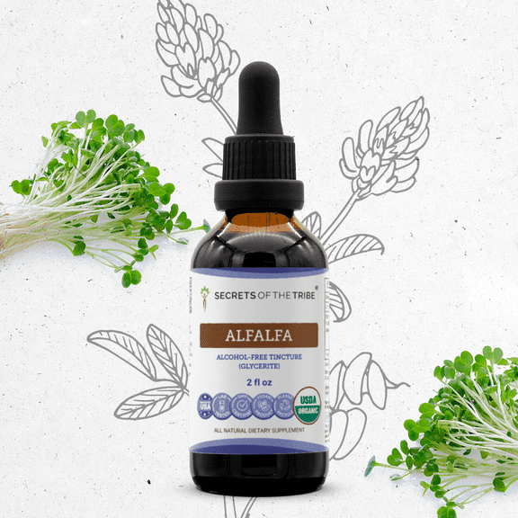 Secrets Of The Tribe Alfalfa Organic Tincture Dietary Supplement, Natural Herbal Extract for Vitality Support, Certified Organic Alfalfa (Medicago sativa) Dried Leaf, Alcohol-Free Extract, Drops 2 oz