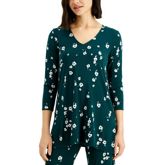 Alfani 3/4 Sleeve V-Neck Tunic Rain Forest Green Breeze L