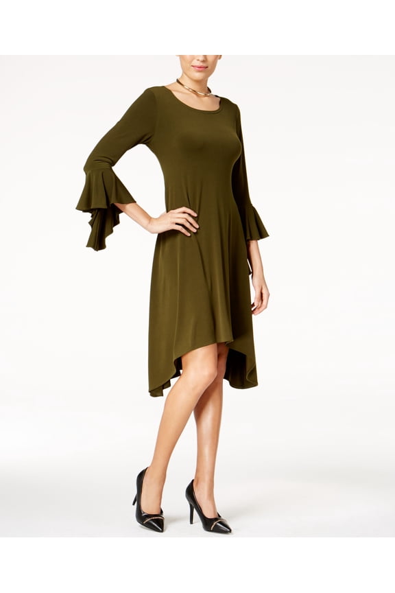 Asymmetrical Bell Sleeve Dress Autumn Moss 6