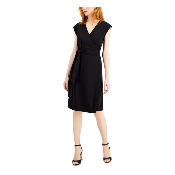 Alfani DEEP BLACK Women's Cap-Sleeve Wrap Dress, US Medium