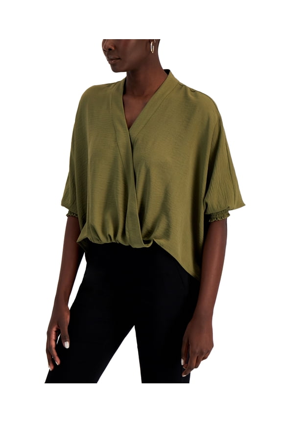 Faux Wrap Smocked Cuff Top Burnt Olive L