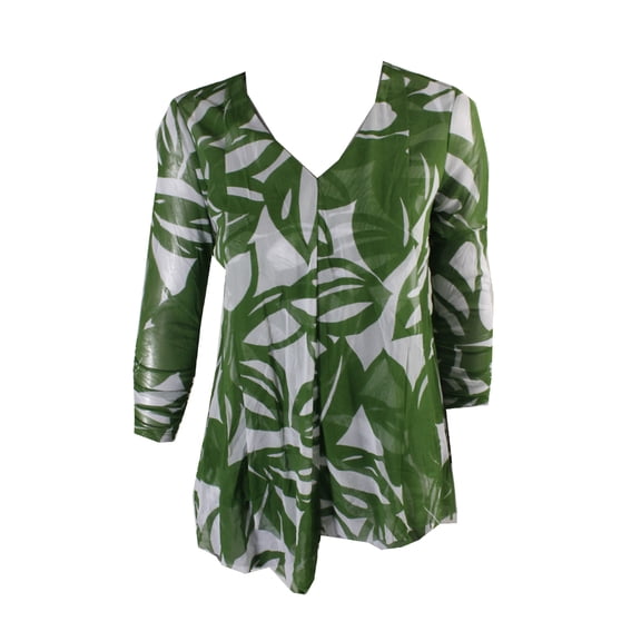 Alfani Green Ruched-Sleeve Flat Floral Ruffled Mesh Top XS