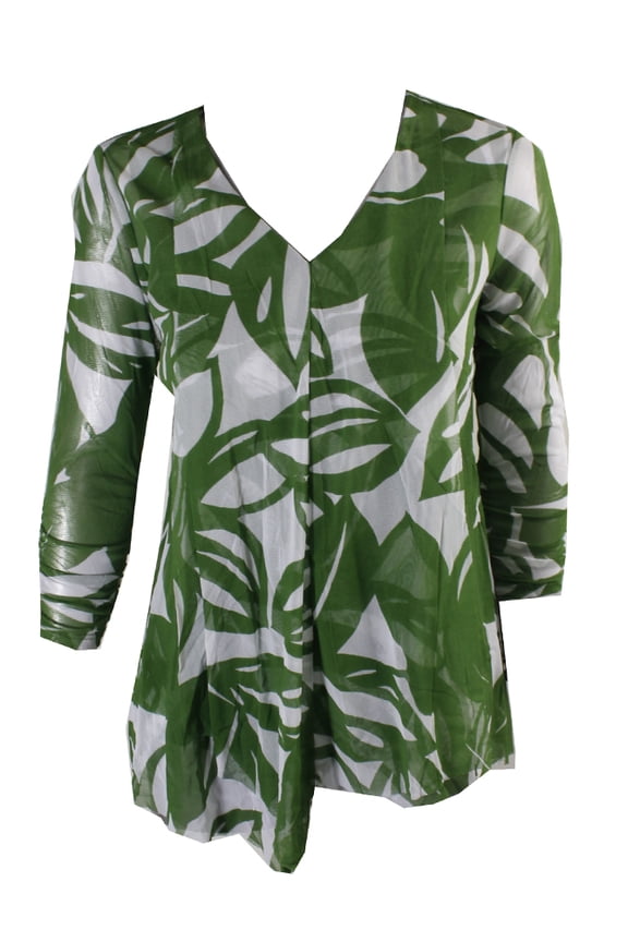 Green Ruched-Sleeve Flat Floral Ruffled Mesh Top XS