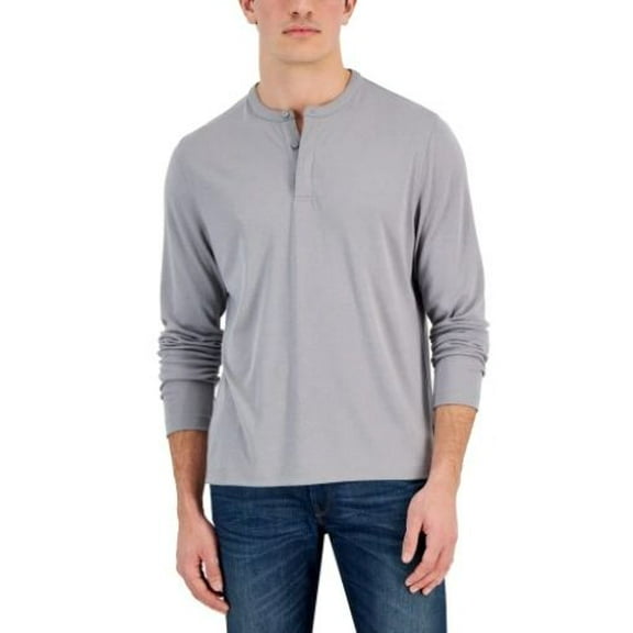 Alfani Mens Solid Button Front Henley Shirt, Grey, Small