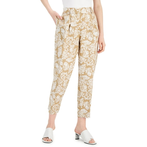 Alfani Linen Tapered Leg Pants Ditsy Palm Water Camel 8