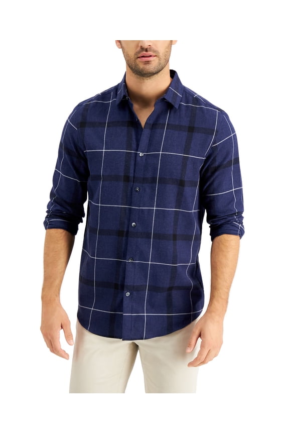 Alfani Mens Parsons Plaid Shirt (Navy, Small)