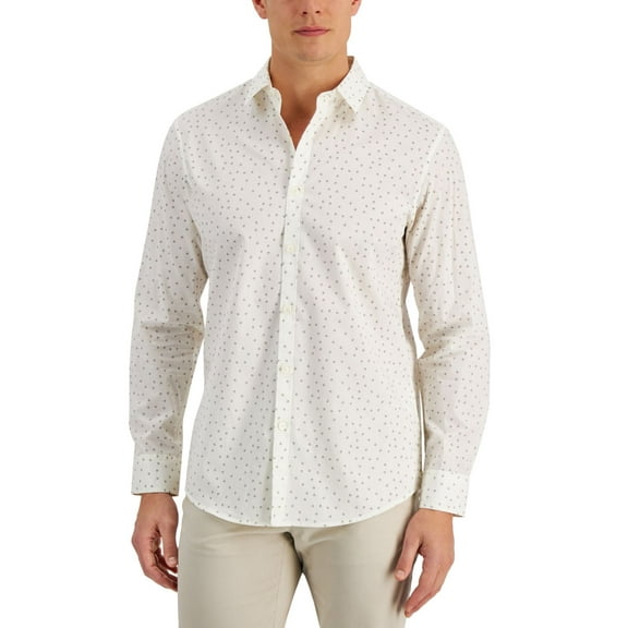 Alfani Men’s Regular-Fit Stretch Geo-Print Poplin Shirt, Egret, Large