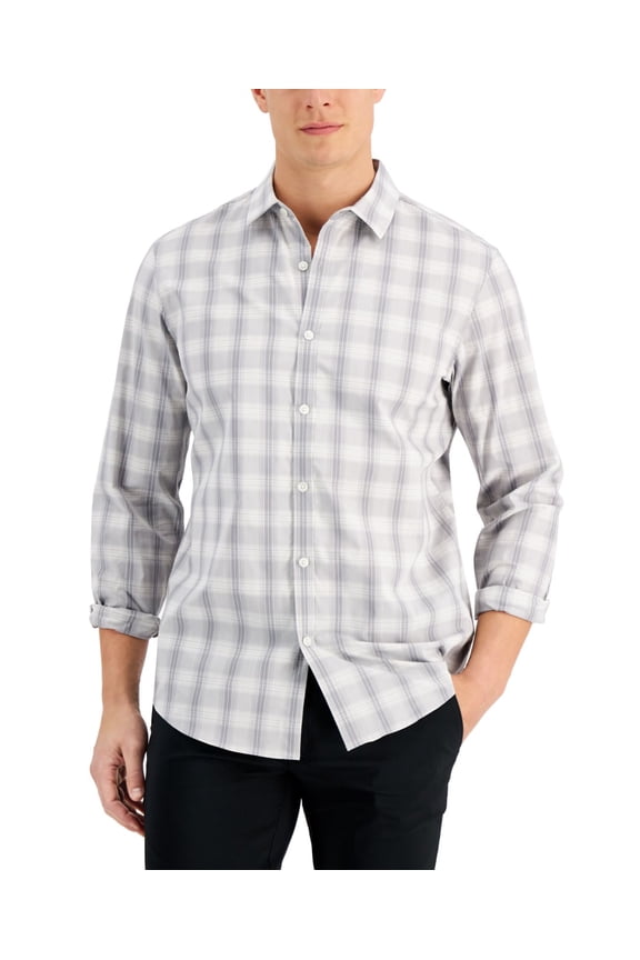 Mens Regular-Fit Yarn-Dyed Plaid Poplin Shirt, Grey Heather, Medium
