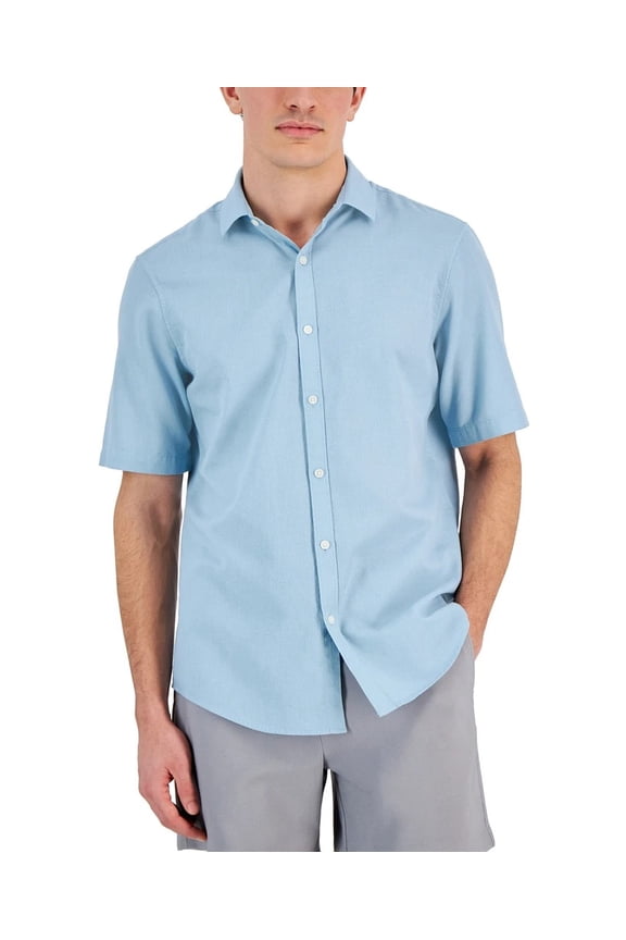Men's Short-Sleeve Solid Textured Cotton Woven Shirt Twill Blue-Small