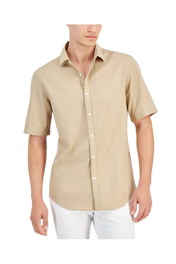 Men's Short-Sleeve Solid Textured Cotton Woven Shirt Twill Brown-Small