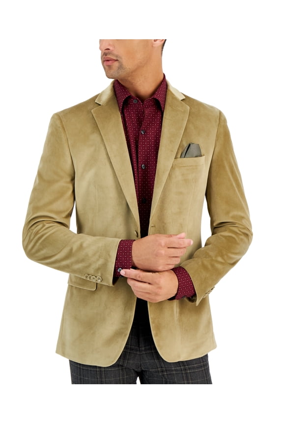 Men's Slim Fit Solid Velvet Sport Coat Blazer Tan 46R