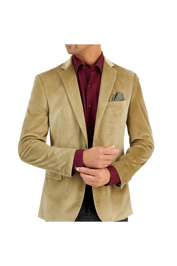 Mens Slim Fit Solid Velvet Sport Two Button Blazer Jacket, Beige, 40 Short