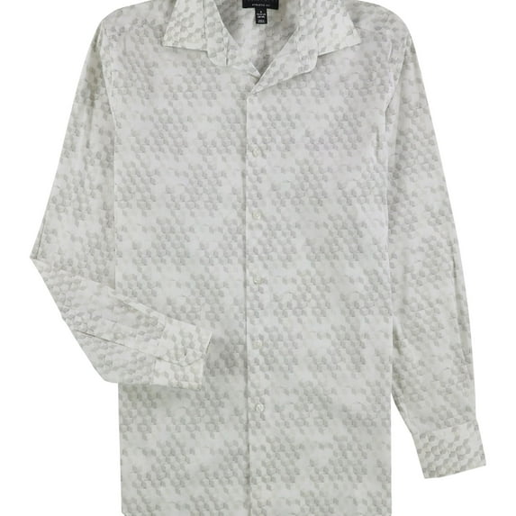 Alfani Mens Athletic Geo Button Down Dress Shirt, White, 14"-14.5" Neck 32"-33" Sleeve