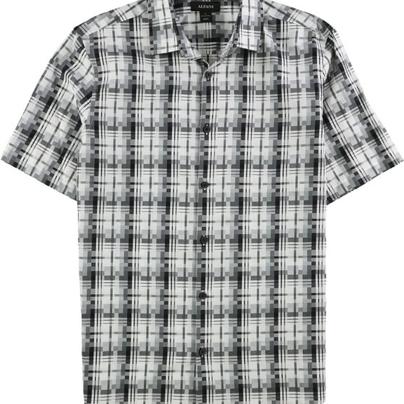 Alfani Mens Geo-Plaid Button Up Shirt, Black, Small